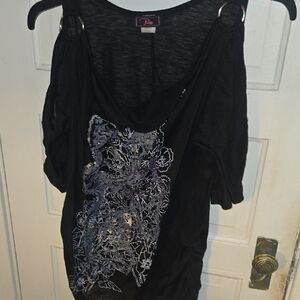 Diva Black Cold-Shoulder Top with Metallic Floral Detail